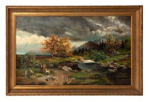 ARTIST UNKNOWN, (country scene with shepherdess), oil on canvas, 65 x 105cm, 75 x 127cm overall