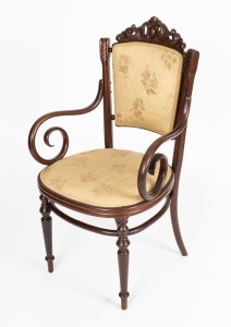 An Austrian bentwood carver chair with carved yoke rail, scrolled arms and bulbous legs, circa 1900, 105cm high, 57.5cm wide, 58cm deep