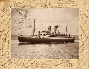 1948 AUSTRALIAN TOUR TO ENGLAND: Photograph of RMS "Orontes", with 49 signatures on mount, including Don & Jessie Bradman, the 1948 Australian Cricket Team - Lindsay Hassett, Bill Brown, Arthur Morris & Ray Lindwall (only Sid Barnes missing - he hated sig