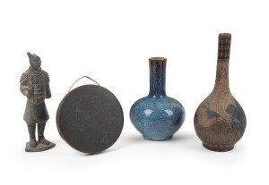 An antique Japanese bronze&nbsp;gong, ceramic cloisonne vase, Chinese blue ceramic vase, and a reproduction ceramic "Entombed Warrior", (4 items), ​​​​​​​21cm high