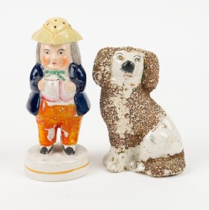 Antique English Staffordshire pottery figural sugar caster, together with a Staffordshire pottery dog statue, 19th century, (2 items), ​​​​​​​15cm and 12cm high