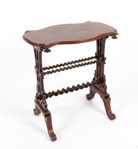 An antique English burr walnut occasional table with barley twist stretchers, 19th century, ​​​​​​​70cm high, 66cm wide, 44cm deep