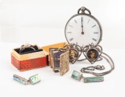 An antique gilded silver folding locket book, interior fitted with six miniature glass window displays; together with a sterling silver double sweetheart pendant on chain, a sterling silver and pearl ring in box, a pair of sterling silver and paua&nbsp;cufflin