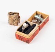 An antique gilded silver folding locket book, interior fitted with six miniature glass window displays; together with a sterling silver double sweetheart pendant on chain, a sterling silver and pearl ring in box, a pair of sterling silver and paua&nbsp;cufflin - 3