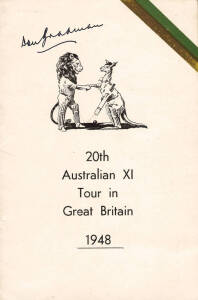 1948 AUSTRALIAN TOUR TO ENGLAND: Rare itinerary booklet "20th Australian XI Tour in Great Britain 1948", signed on front cover by Don Bradman. Extremely rare - believed to have been presented to players & officials of the touring team. G/VG condition.