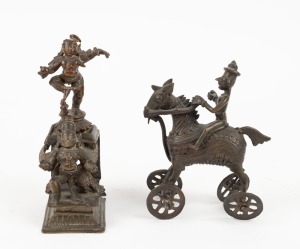 An antique Indian cast bronze figural group, together with a bronze statue of a male figure on horseback, 19th century, (2 items), ​​​​​​​the larger 14cm high