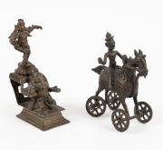 An antique Indian cast bronze figural group, together with a bronze statue of a male figure on horseback, 19th century, (2 items), ​​​​​​​the larger 14cm high - 2