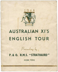 "1948 Australian XI's English Tour", official P&O 32-page  brochure with all 18 signatures including Don Bradman, Lindsay Hassett, Sid Barnes & Keith Miller. Some signatures a trifle faded, though it is scarce to find items signed by Barnes (whose signatu