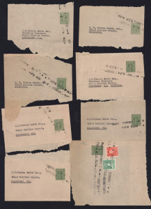 PTPO Wrappers: 1938-41 1d Green Queen Elizabeth Letterpress part or large-part wrappers (8, range of shades, one uprated), all with typed addresses to Melbourne stockbroker Vinton Smith, likely user therefore Stock Exchange of Sydney; 1938 SYDNEY machine cancels, BW: WS21 - Cat $1200.