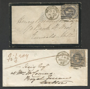 VICTORIA - Postal History: 1859 covers, comprising (May 22) Melbourne to Carlton, re-directed to Fitzroy with Wmk 2d bluish-grey SG.100ca tied by MELBOURNE duplex, FITZROY backstamp; also (Dec 29) Melbourne to Emerald Hill mourning cover with Wmk '2' 2d grey-violet (SG.101b, corner fault) tied by MELBOURNE duplex cancel, unframed EMERALD HILL (WWW.20, rated 2R) arrival backstamp. (2 items)