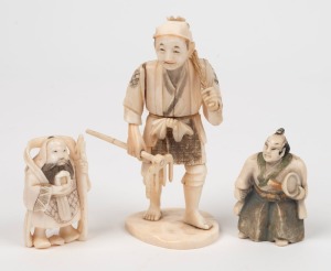 Carved ivory Japanese statue of a peasant, together with two Japanese carved ivory netsukes, Meiji Period, (3 items). the largest 11cm high