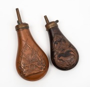 POWDER FLASKS, two antique examples, 19th century, ​​​​​​​the larger 20cm long