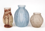 Three assorted French glass vases, one with advertising for LEGRAND WALLE, 20th century, the largest 15cm high
