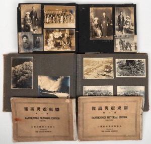 JAPANESE INTEREST: Two albums of black and white photographs plus a fascinating selection of real photo postcards showing natural disasters, many captioned (in Japanese); together with two albums (Vol.1 and Vol.3) "EARTHQUAKE PICTORIAL EDITION, THE OSAKA 