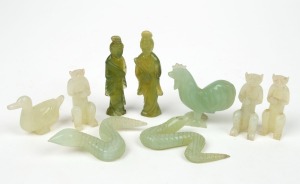 Nine assorted Chinese carved jade animal ornaments including monkeys, snakes, birds and figures, 20th century, ​​​​​​​the figures 7.5cm high