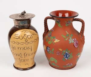 WEDGWOOD "Capri Ware" pottery urn with floral enamel decoration, early 19th century, impressed "WEDGWOOD", 13cm high; ​​​​​​​together with a pottery sugar sifter with silver plated top, circa 1900, (2 items)