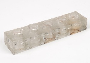 A French Art Deco frosted glass shop display perfume sample bottle with five compartments, circa 1920s, 22cm wide