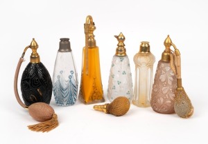 Six assorted French Art Deco glass perfume atomisers, circa 1920s to 1930s, the largest 18cm high