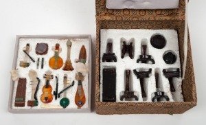 Set of carved semi-precious stone musical instruments and carved wooden stands, housed in original fitted box, late 20th century, ​​​​​​​the box 16cm wide