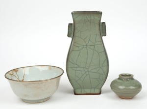 A Ming white porcelain bowl with metalic rim, a Sung celadon porcelain jarlet&nbsp;and a Chinese celadon porcelain vase, (3 items), the largest 21cm high