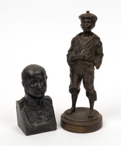 An antique patinated spelter statue of a boy titled "Whistler", together with an antique spelter bust of Charles Napier, 19th century, (2 items), 23cm and 13cm high