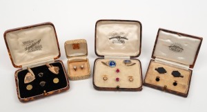CUFFLINKS AND STUDS attractive collection housed in four fitted boxes, in 9ct yellow and rose gold, including Australian enamel kangaroo examples, pearls, red stone, onyx and agate, 19th and 20th century,