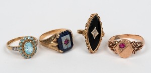 Four assorted antique and vintage 9ct yellow and rose gold rings set with stones, 19th and 20th century, 14.2 grams total