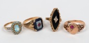 Four assorted antique and vintage 9ct yellow and rose gold rings set with stones, 19th and 20th century, ​​​​​​​14.2 grams total
