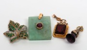 Four assorted gold mounted pendants, comprising of 14ct gold, jade and ruby, 14ct white and yellow gold with emeralds and diamonds and two 9ct gold examples set with coloured stones, 20th century, the jade example 3.5cm high