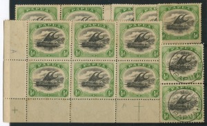 PAPUA: 1909 (SG.55) ½d black & yellow-green, perf.12½ group including LL cnr.blk.6, one unit with "Lightning strike" and another with "White leaves", 2 pairs (one FU) and 3 singles, with several minor varieties. Mixed condition. (13 stamps).