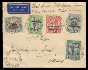 PAPUA - Aerophilately & Flight Covers: 29 Aug.1935 Port Moresby - Ioma flown cover (AAMC.P86) with Silver Jubilee set plus 3d Air tied by PORT MORESBY '29AU35' cds's, cover endorsed and signed by pilot Orme Denny, IOMA P.O. backstamp, fine condition.