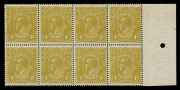 KGV Heads - Single Watermark: 4d Olive-Yellow (Mullett printing) marginal block of (8), few light tones in margin only, stamps fresh MUH, one unit with variety "Short right upright to U of FOUR" [3R21]. BW:114C - $5600+. Rare multiple of an elusive shade.