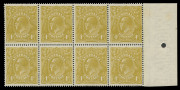KGV Heads - Single Watermark: 4d Olive-Yellow (Mullett printing) marginal block of (8), few light tones in margin only, stamps fresh MUH, one unit with variety "Short right upright to U of FOUR" [3R21]. BW:114C - $5600+. Rare multiple of an elusive shade. - 2