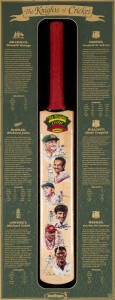 THE KNIGHTS OF CRICKET, full size cricket bat, with signatures of Sir Donald Bradman, Sir Richard Hadlee, Sir Colin Cowdrey, Sir Garfield Sobers, Sir Clyde Walcott & Sir Everton Weekes, mounted in an attractive display case, overall 46x108cm. With CoA.