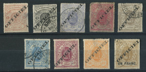 LUXEMBOURG: 1875 Arms optd Type I 'OFFICIEL' set Michel:1I-9I with unused 1c (thin), 30c & 40c (thin), used 2c, 10c (slight thinning at base, Cat €3000), 12½c (faults), 20c, 25c and 1fr on 37½c, presentable group overall, Cat. €3300+ (ex 12½c).