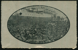 1914-18 Military Views (BW:LC27/M1B) 1d KGV Sideface Design, p12½ in black on Grey to Greenish-Grey Card, white interior, "2nd AIF Embarking (wharf)" illustration, edge scuff & minor blemishes, addressed with message but not postally used, Cat $120.