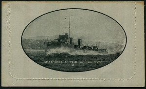 Australia: Postal Stationery - Letter Cards:1914-18 Military Views (BW:LC27/M4B) 1d KGV Sideface Design P12½ in black on Grey to Greenish-Grey Card, white interior, "H.M.A.S. Yarra on Trial..." illustration, toning along dividing fold only, unused with KGV ½d green added, Cat $175.