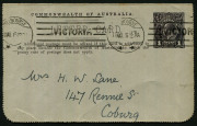 1914-18 Military Views (BW:LC27/M9B) 1d KGV Sideface Design, p12&frac12;&nbsp; in purple-brown on Grey to Greenish-Grey Card, white interior, "Signalling Exercise" illustration, 1916 (Mar.11) postal use from Melbourne to Coburg, Cat $120. - 2