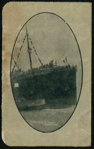 1914-18 Military Views (BW:LC27/M11C) 1d KGV Sideface Design, p12½ in deep violet-blue on Grey to Greenish-Grey Card, white interior, "Troops on board Transport (wide view - A40 deleted)" illustration; 1916 (May 10) postal use from Perth to Cottesloe (WA), minor faults. Cat $200.