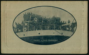 1914-18 Military Views (BW:LC27/M12B) 1d KGV Sideface Design, p12½ in blue-black on Grey to Greenish-Grey Card, white interior, "Troops on board Transport" illustration, message & addressed but not postally used, fine condition.
