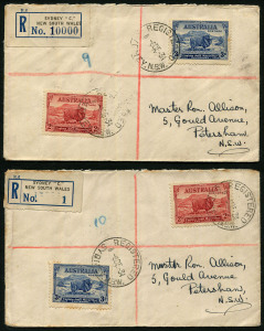 An unique pair of Dec.1934 registered covers (2) from Sydney to Petersham, each franked with 2d Dark Hills & 3d Macarthur tied by 'REGISTERED/SYDNEY' datestamps, both with black/blue registration labels numbered '1' or '10000' respectively, PETERSHAM arrival datestamps on reverse.