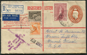 1948 (Jan.) usage of KGVI 5½d Registration Envelope, uprated for transit to USA with 5/- Robes, 9d Platypus + ½d Roo tied by SYDNEY datestamps, 'Supposed liable to customs duty' & 'Passed/U.S. Customs Bureau' (Chicago) handstamps, on reverse SAN FRANCISCO transit & MACOMB arrival datestamp. Very fine.