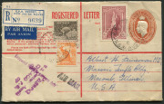 1948 (Jan.) usage of KGVI 5&frac12;d Registration Envelope, uprated for transit to USA with 5/- Robes, 9d Platypus + &frac12;d Roo tied by SYDNEY datestamps, 'Supposed liable to customs duty' & 'Passed/U.S. Customs Bureau' (Chicago) handstamps, on reverse SAN FRANCISCO
