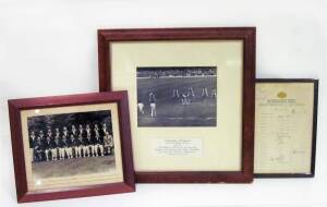 AUSTRALIA GROUP, noted 1948 team photograph; 1953 official team sheet with 17 signatures (few faded); 1956 Ashes action photo signed Jim Laker, Colin Cowdrey & Godfrey Evans (plus 3 faded). All framed, various sizes.