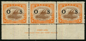 PAPUA: OFFICIALS: 1931 (SG.O60) 4d light-brown & orange, horizontal strip (3) with full Ash Imprint. MLH/MUH.