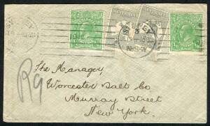 Kangaroos - Second Watermark: June 1915 usage of 2d Greys (2, Cat.$400 each, on cover!) in combination with KGV Ѕd Greens (2) on attractive double-rate cover from Sydney to NEW YORK.