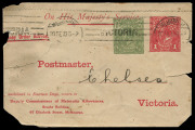1918 1d Red ('OS'-of-Dots)+ &frac12;d Green (solid 'OS') Sideface BW. EO5 for user Deputy Commissioner of Maternity Allowances, used locally from Melbourne to Chelsea; several tears/repairs, Cat $2,000.&nbsp;
