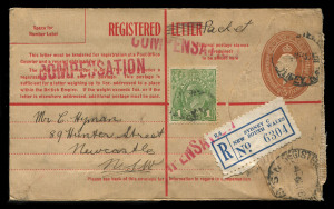 1936 use of 5d Registration Envelopes BW: RE28B from Sydney to same addressee in Newcastle (4), all but one uprated with KGV 1d green, each with 'LETTER' scored through & "PACKET" added in manuscript, all with 'COMPENSATION' handstamps in violet (2) or red (2). (4 items)