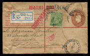 1936 use of 5d Registration Envelopes BW: RE28B from Sydney to same addressee in Newcastle (4), all but one uprated with KGV 1d green, each with 'LETTER' scored through & "PACKET" added in manuscript, all with 'COMPENSATION' handstamps in violet (2) or re - 2
