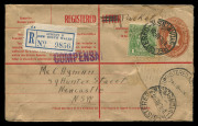 1936 use of 5d Registration Envelopes BW: RE28B from Sydney to same addressee in Newcastle (4), all but one uprated with KGV 1d green, each with 'LETTER' scored through & "PACKET" added in manuscript, all with 'COMPENSATION' handstamps in violet (2) or re - 3